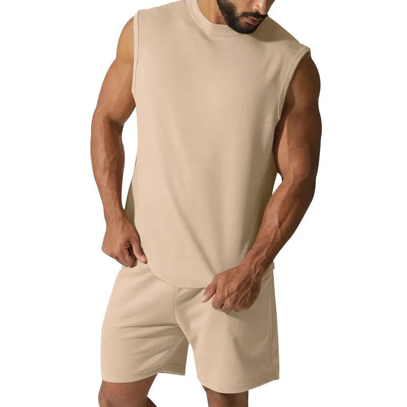 Men's sleeveless cotton blend sports top and matching shorts in solid colour options