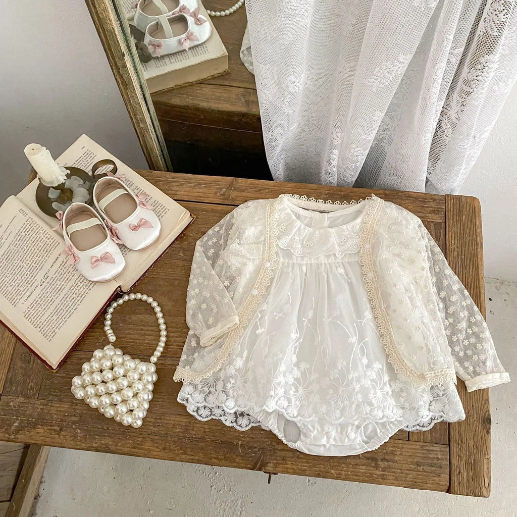 Cotton flounced sleeve triangle mesh lace jumpsuit for girls in beige