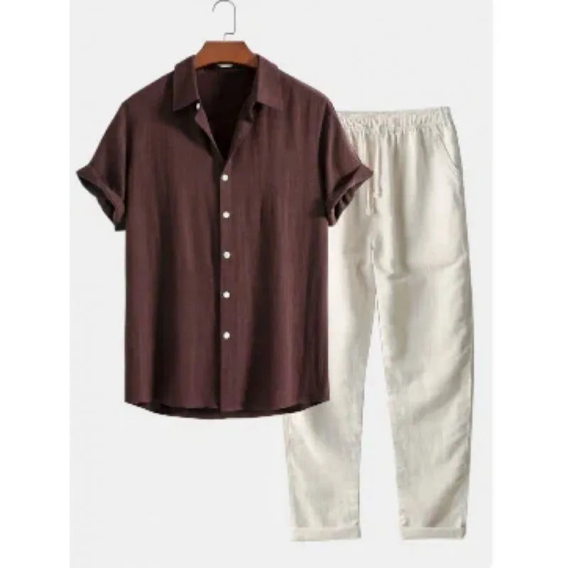 Men's casual linen-look shirt and trouser set in multiple colours with short sleeves and loose fit