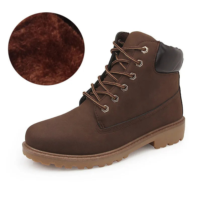 Men's pink Martin ankle boots with velvet lining, round toe, flat sole, and front lace-up closure.
