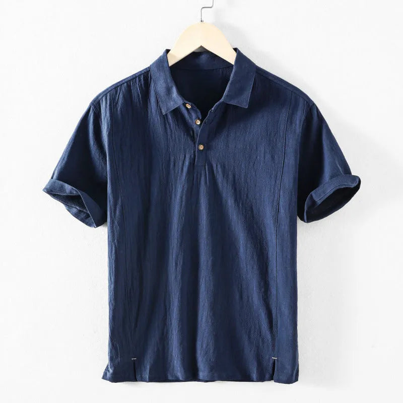 Men's loose fit cotton and linen shirt in solid colour options like navy blue and milky white for leisure wear