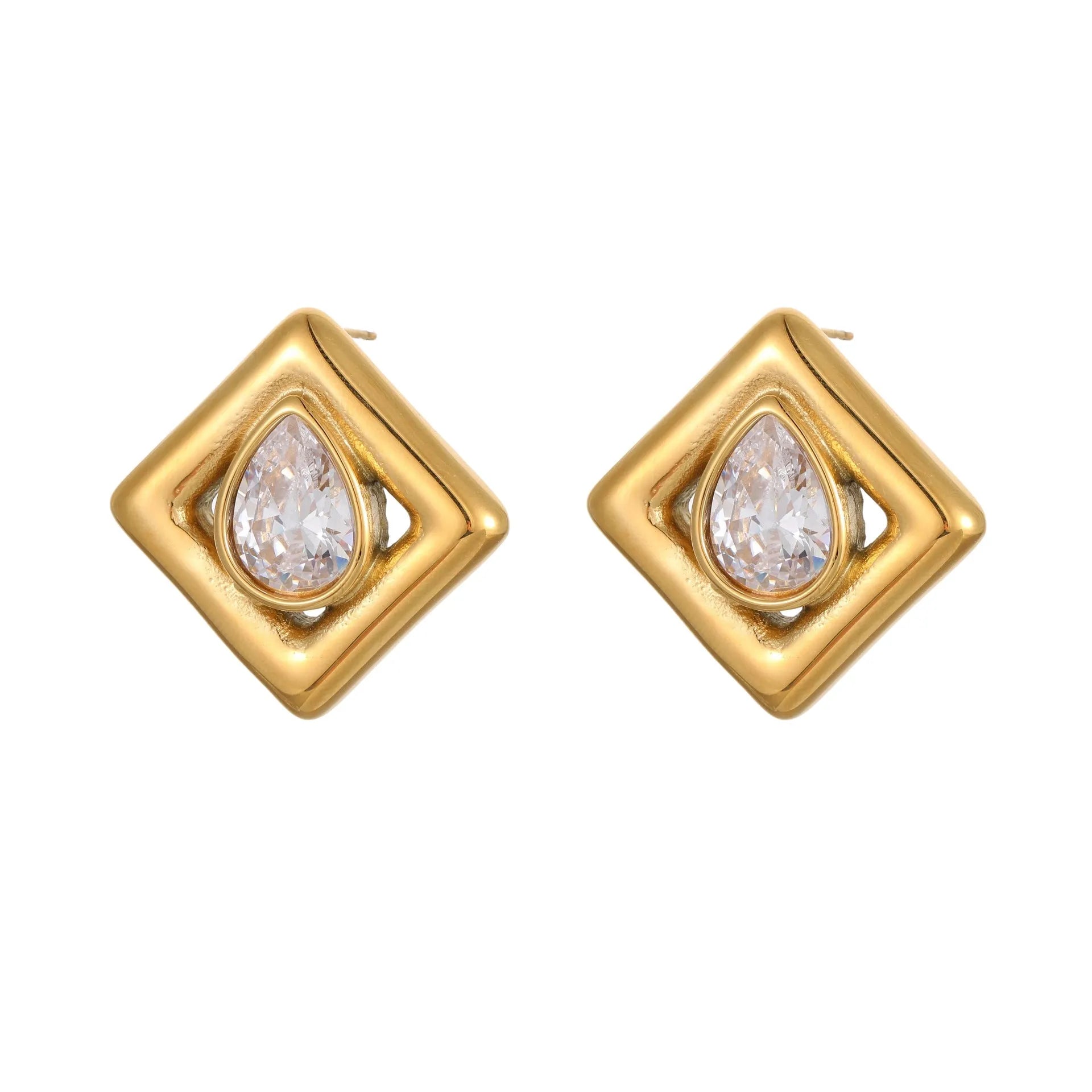 Gold geometric stud earrings for women with inlaid water drop shaped zircon stones.