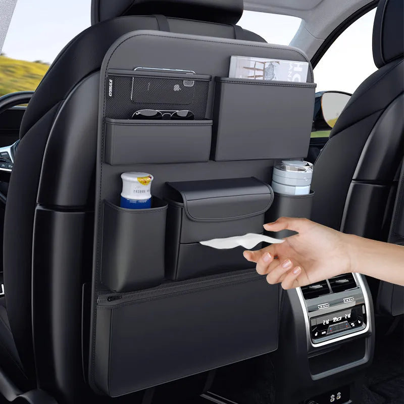 Black leather car seat back hanging storage bag with a handle