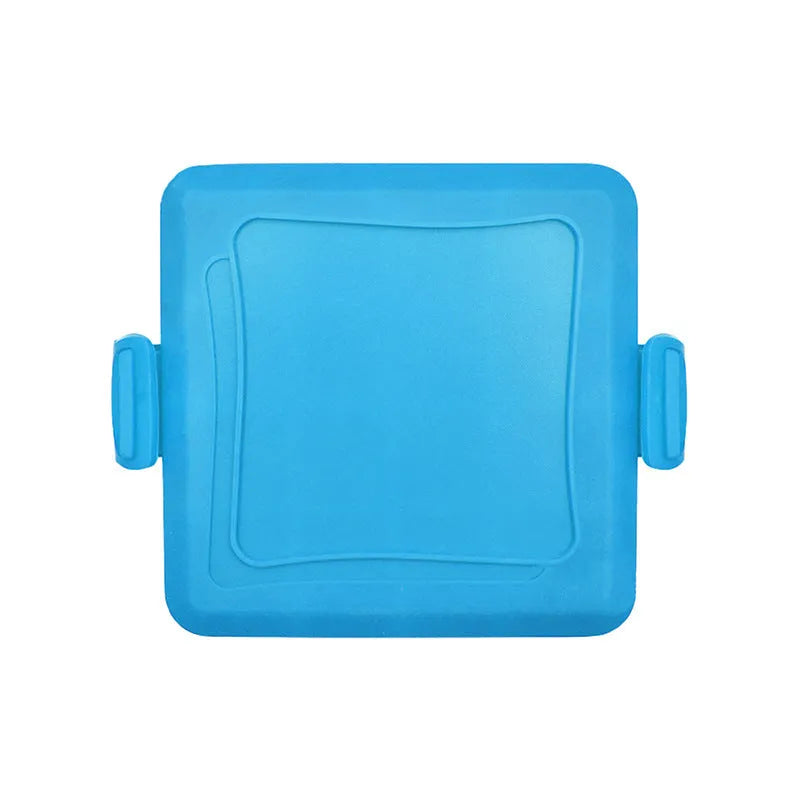 Red silicone baking tray with a large integrated handle and a pair of detachable blue baking gloves.
