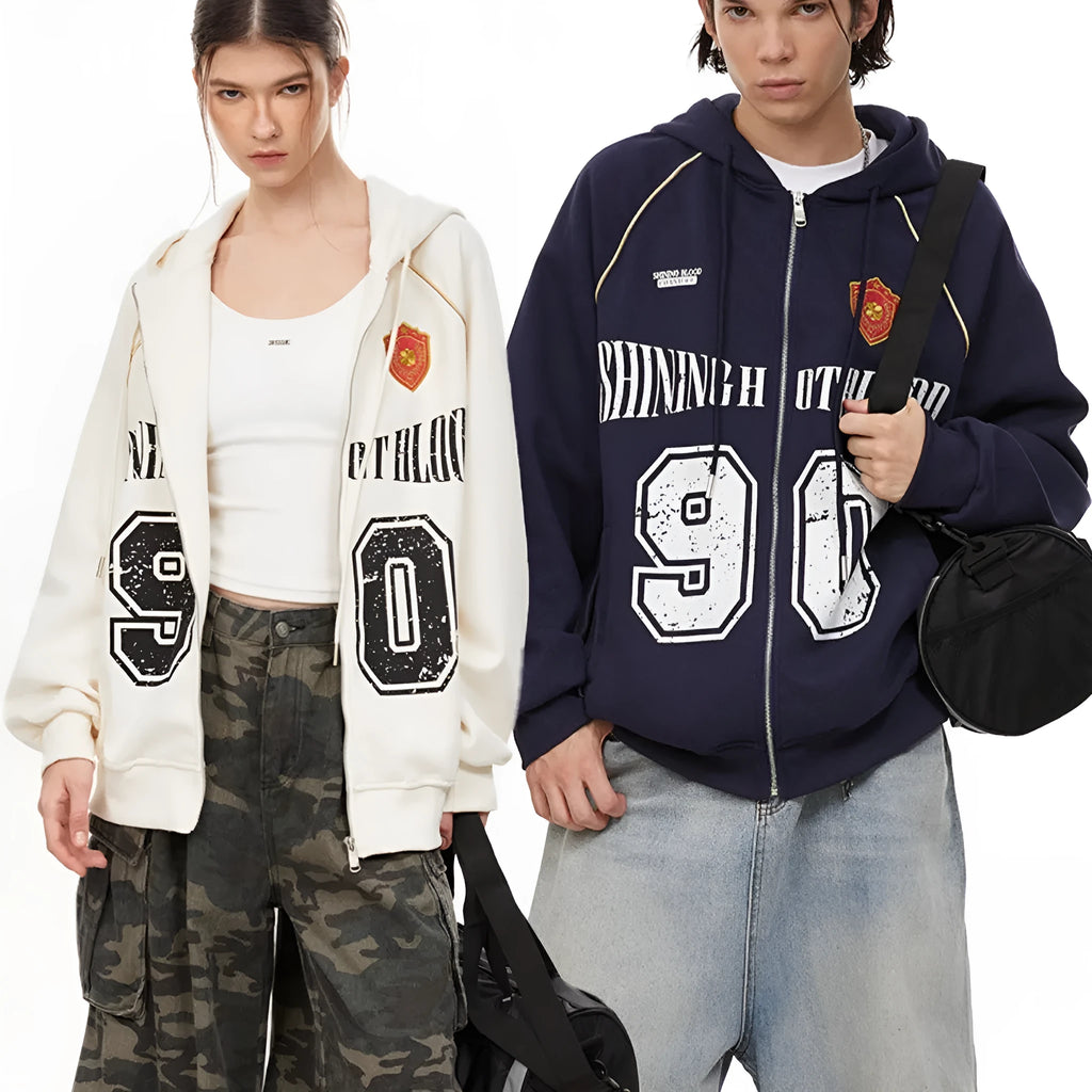 Women's loose hooded jacket with retro letter embroidery in cotton blend fabric