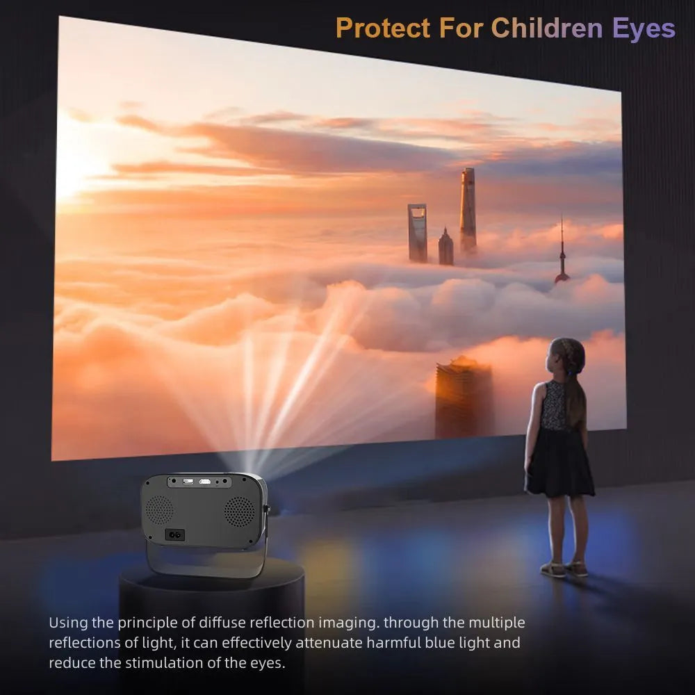 Black portable smart projector with remote control showing 720p HD resolution and Android system