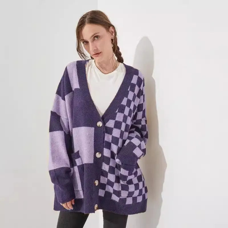 Loose fit cardigan with printed checks pattern in multiple colour options including grey, maroon and peacock blue