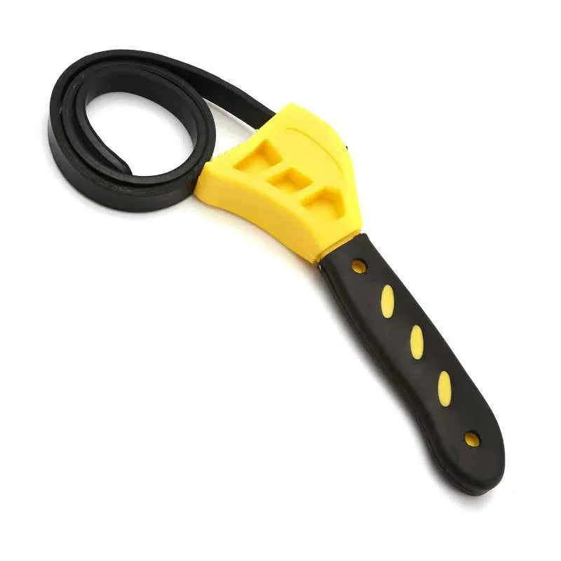 A 6-inch and an 8-inch adjustable rubber strap wrench set with plastic handles and a phosphated metal finish.