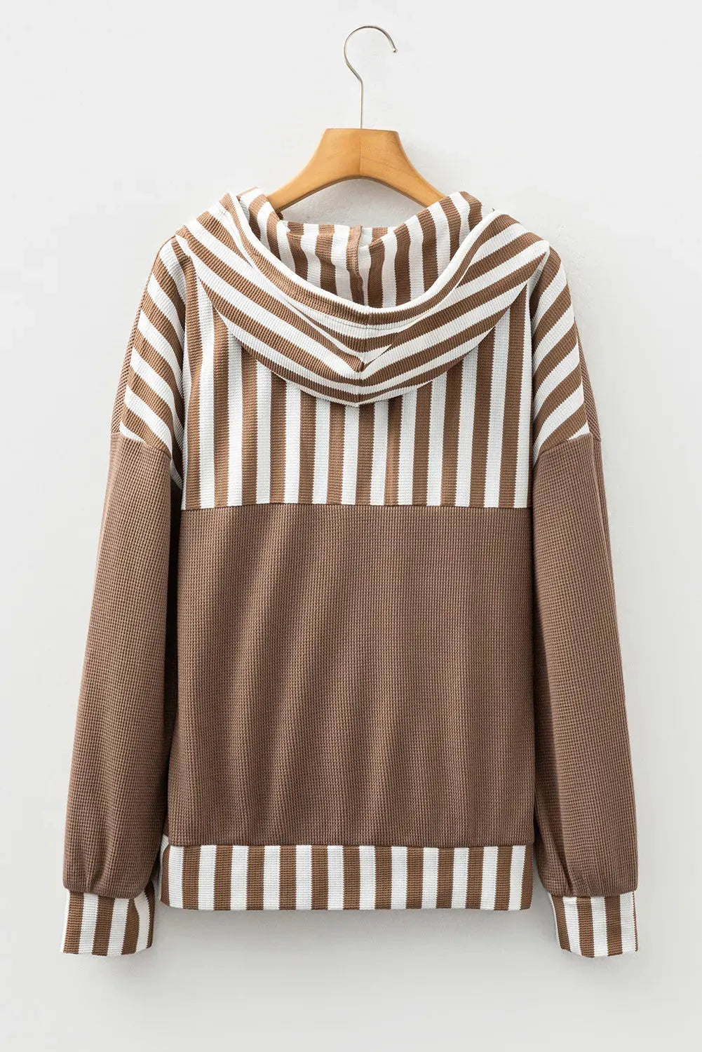Straw yellow striped patchwork hoodie with button neck and drawstring hood in waffle texture fabric