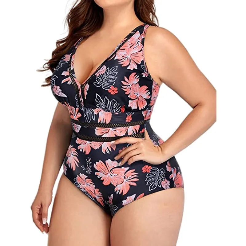 Plus-size black printed bikini swimsuit with mesh stitching on polyester fabric