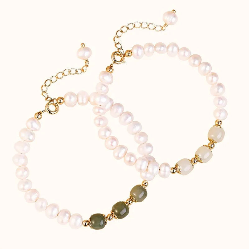 Korean style freshwater pearl bracelet with diamond-shaped electroplated pearls in Hetian jade colour.