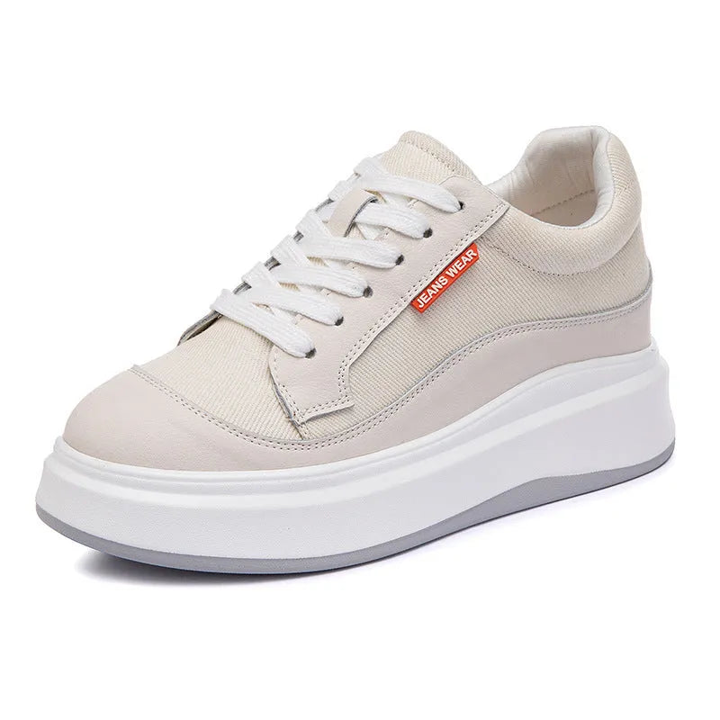 Women's beige leather platform shoes with thick soles for height increase