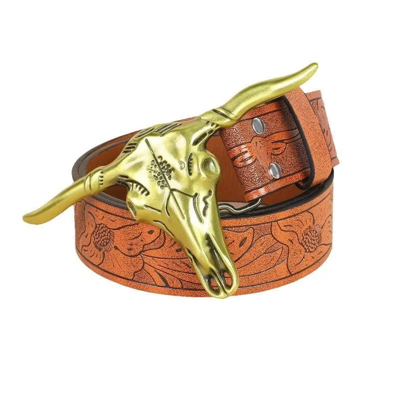 Men's black cow head buckle belt with detailed alloy casting on an imitation leather strap.