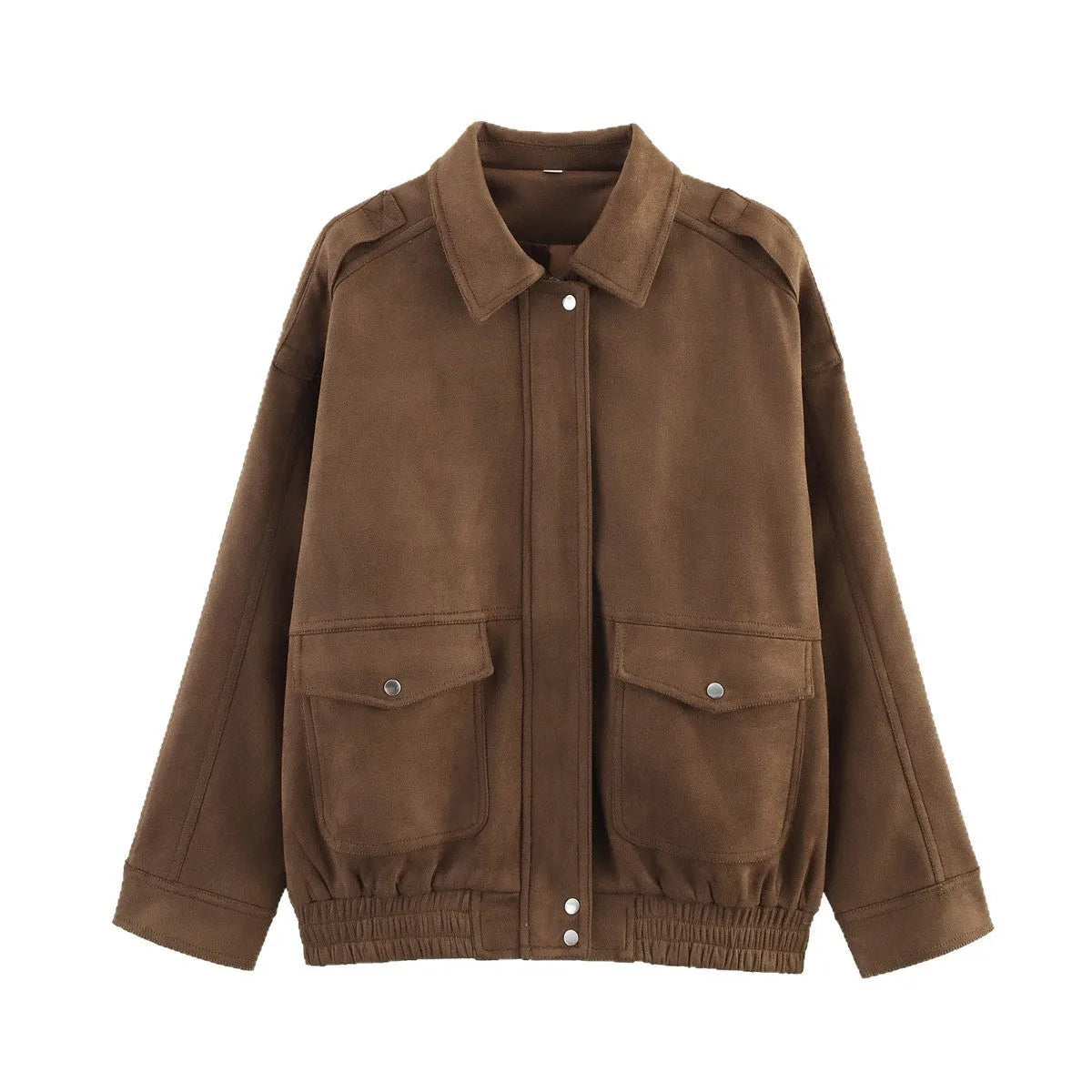 Suede texture pocket decoration spring autumn jacket in brown, long sleeve loose fit casual coat