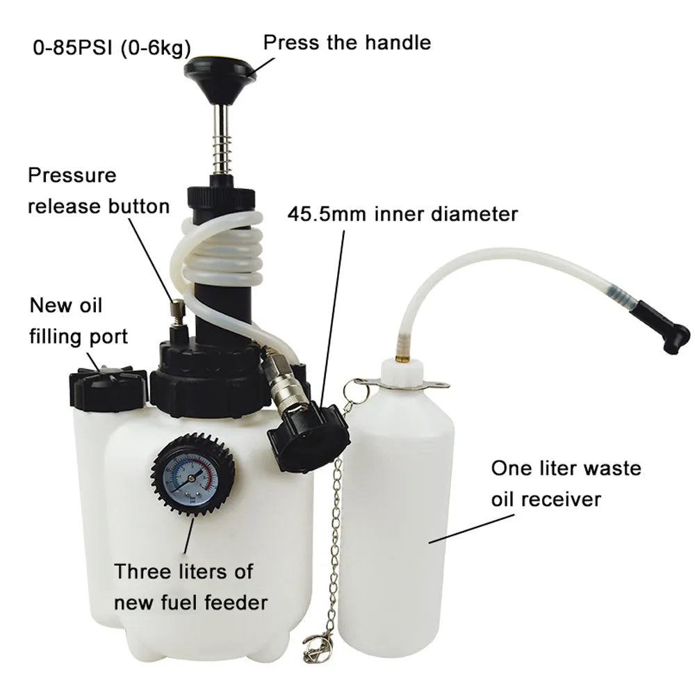 White plastic 3-litre brake fluid tank tool with copper and iron fittings for automotive service.
