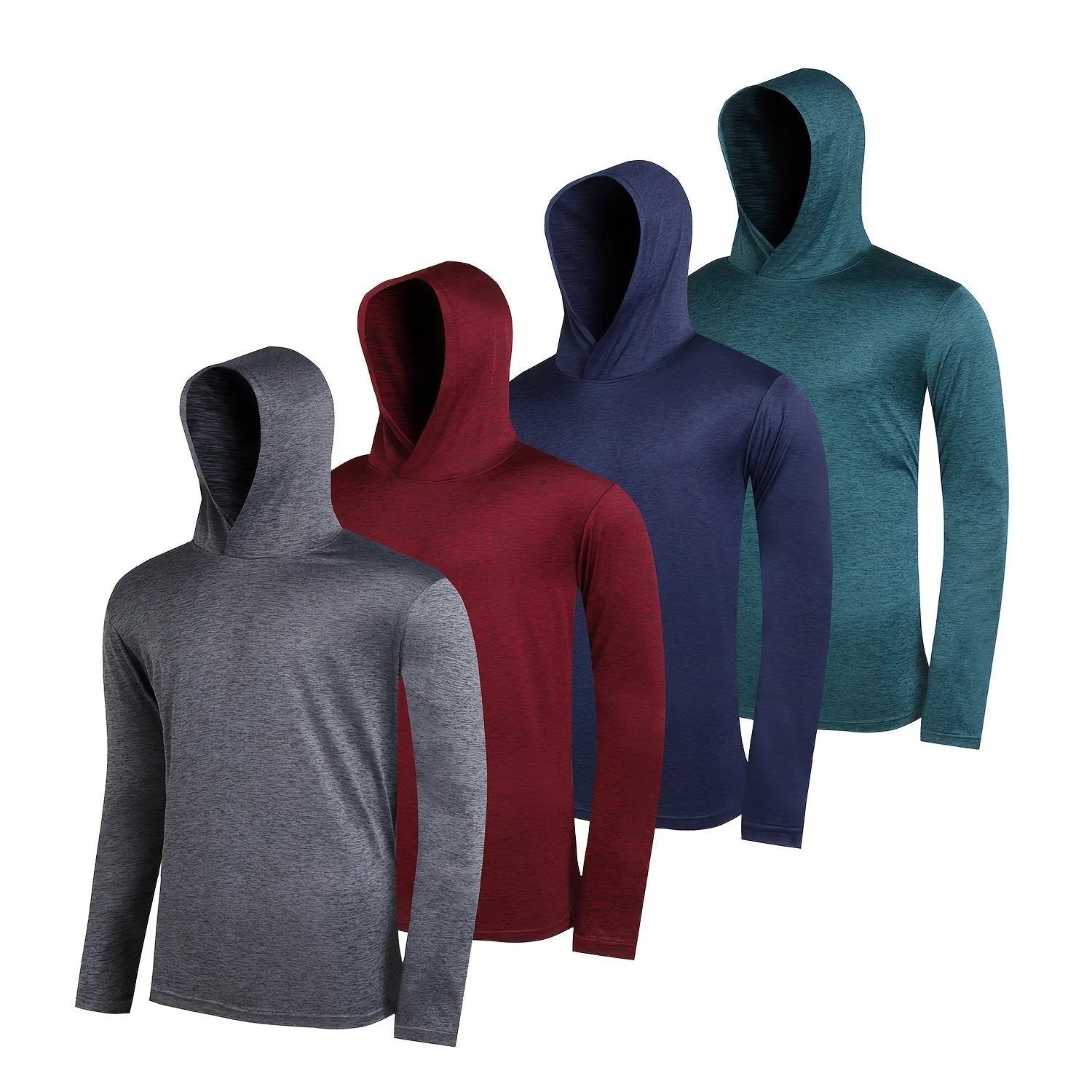A stack of four men's lightweight polyester hoodies in various colours, showing both hooded and non-hooded styles.