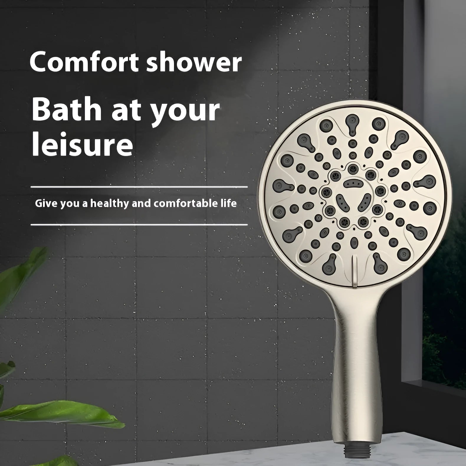 Portable handheld shower head with six function settings and an electroplated finish.