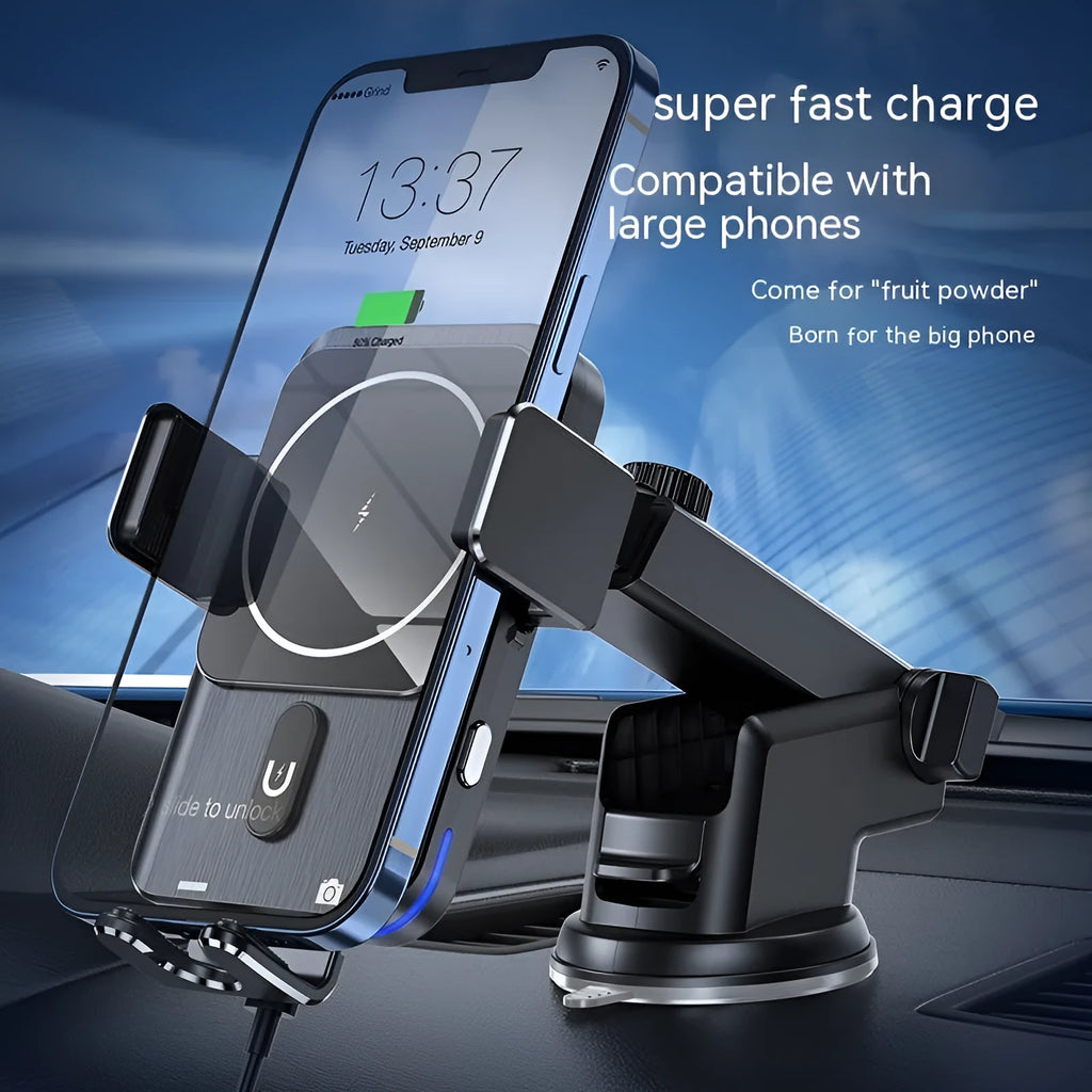 Black car wireless phone charger holder showing both clip and suction cup mounting options