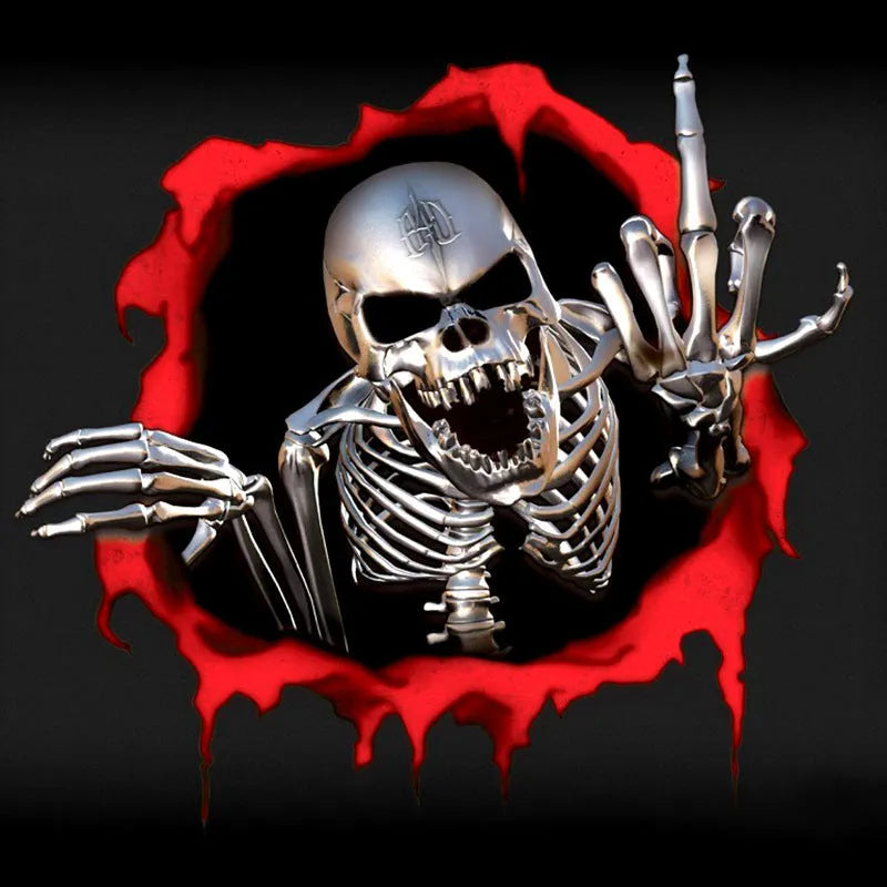 Reflective metal skull car bumper sticker with colourful broken shell pattern measuring 15x14cm
