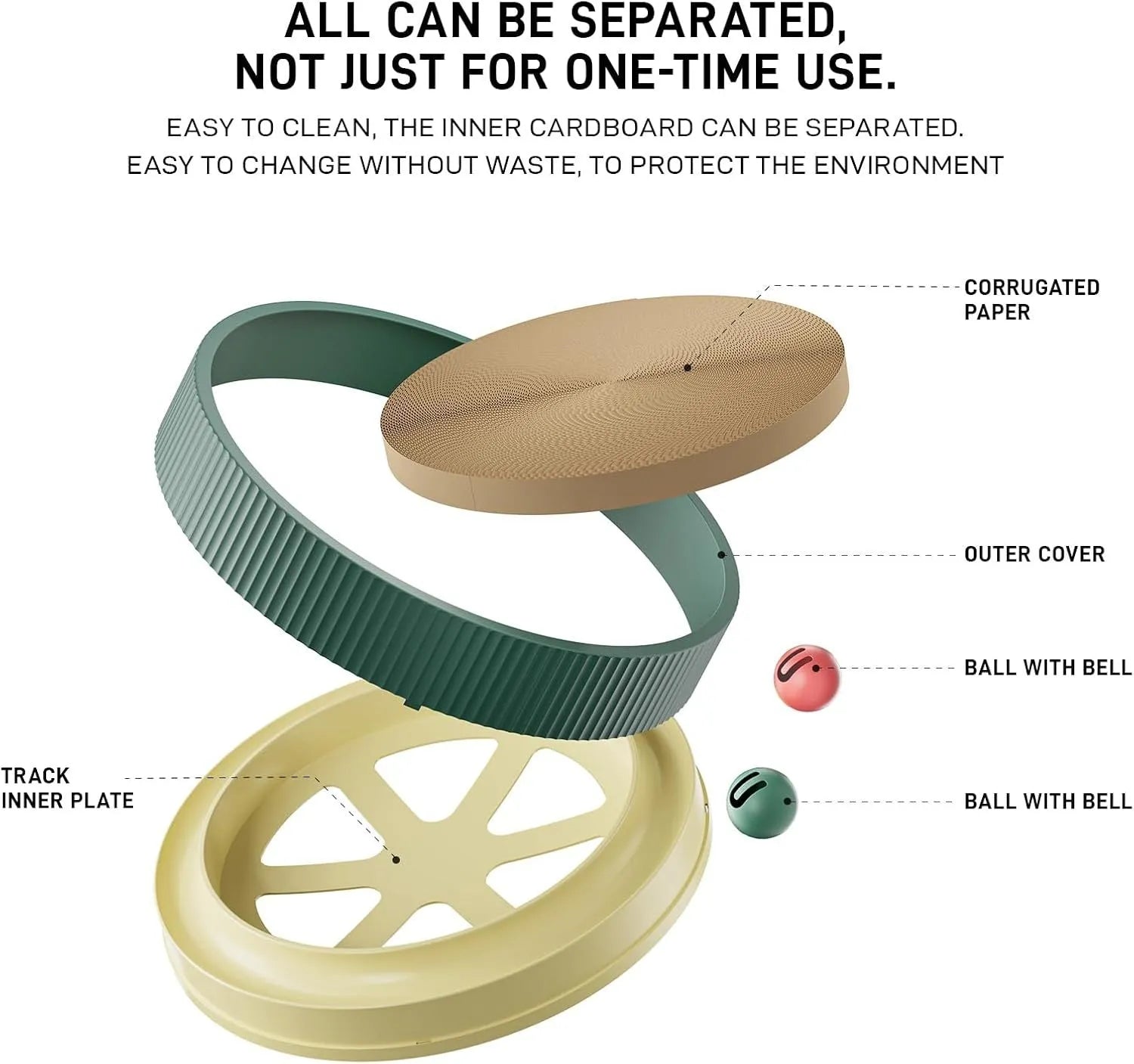 Large circular cardboard cat scratching board with integrated bell toys and refillable core