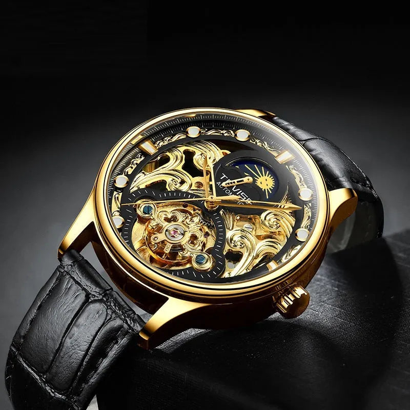 Men's gold leather strap automatic mechanical watch with 16mm waterproof case