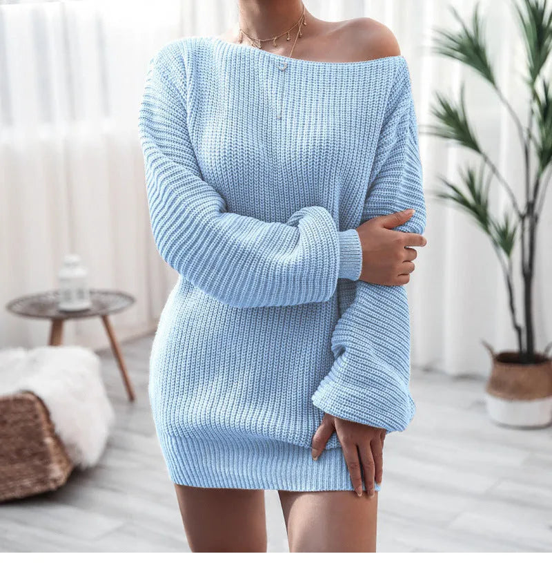 Women's off-shoulder knitted dress with lantern sleeves in solid colour options