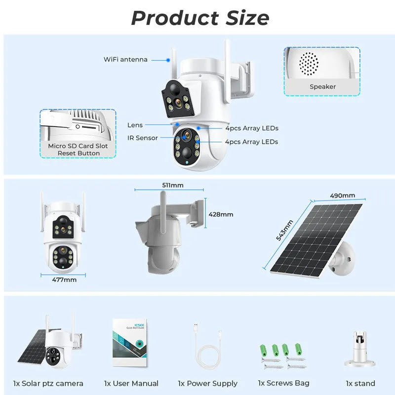 Outdoor solar-powered wireless Wi-Fi security camera with solar panel in black and white or all-white finish
