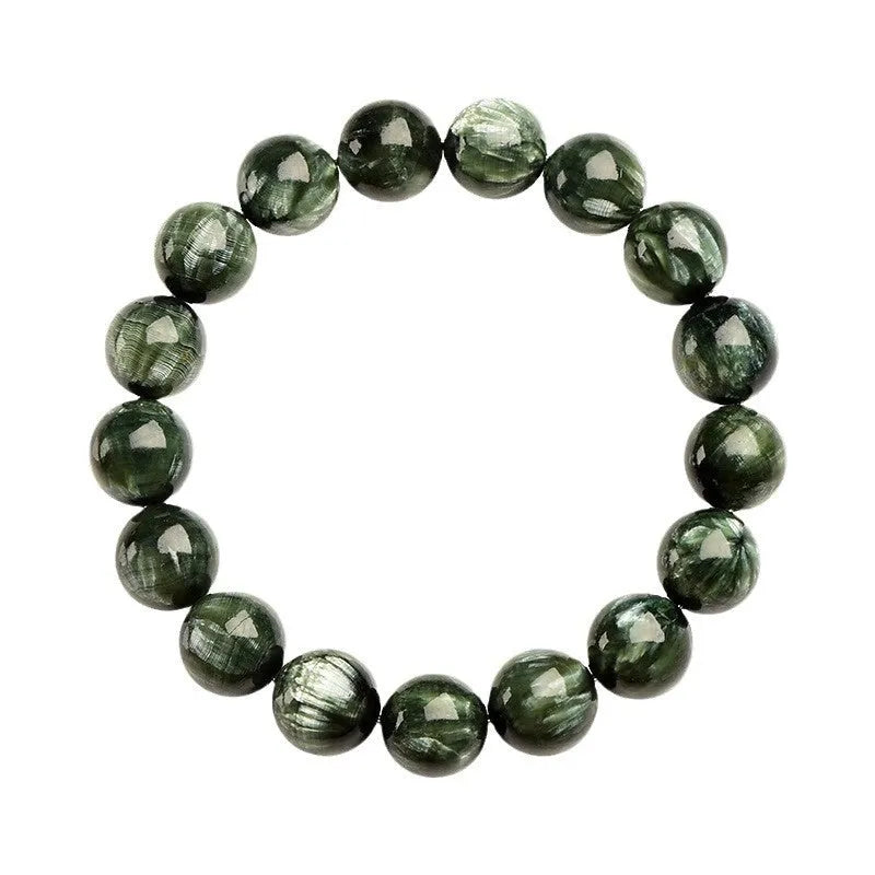 Green Dragon Crystal bracelet with 8-9mm round beads featuring Ruyi geometric design