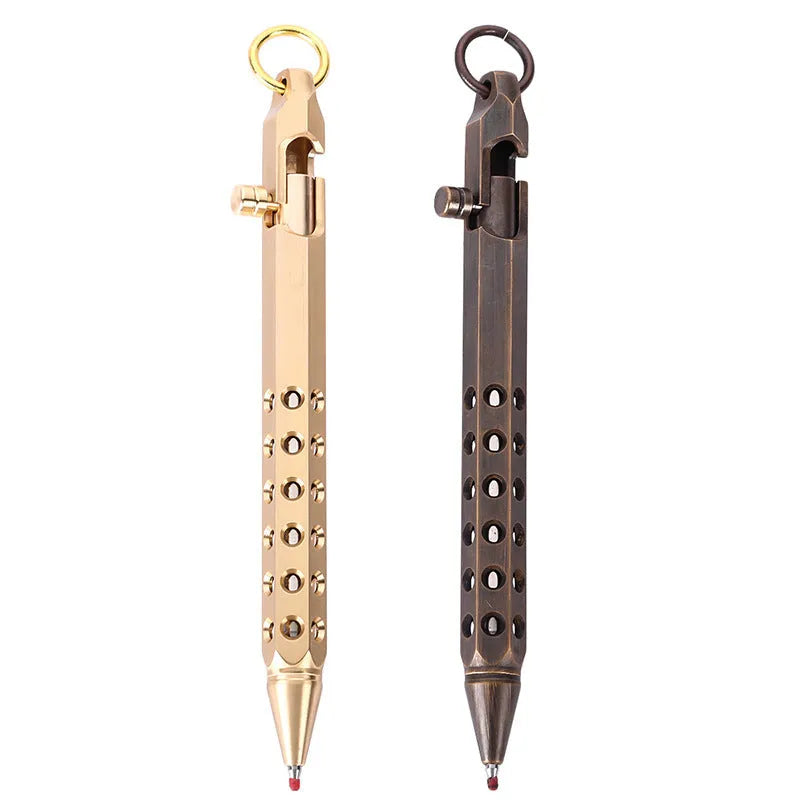 Brass hexagon bolt pen with six-angle design and 0.5mm tip, shown with brass natural and retro black ink options.