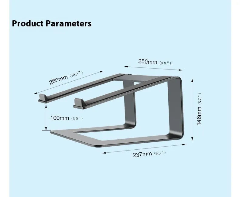 Black aluminium laptop stand on desk supporting silver laptop at improved viewing height