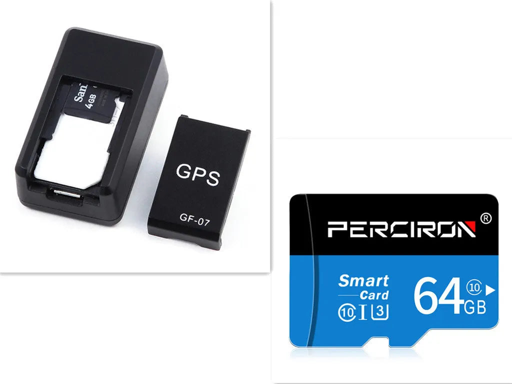 Black plastic magnetic GPS car tracker device measuring 35x20x14mm with USB charging cable