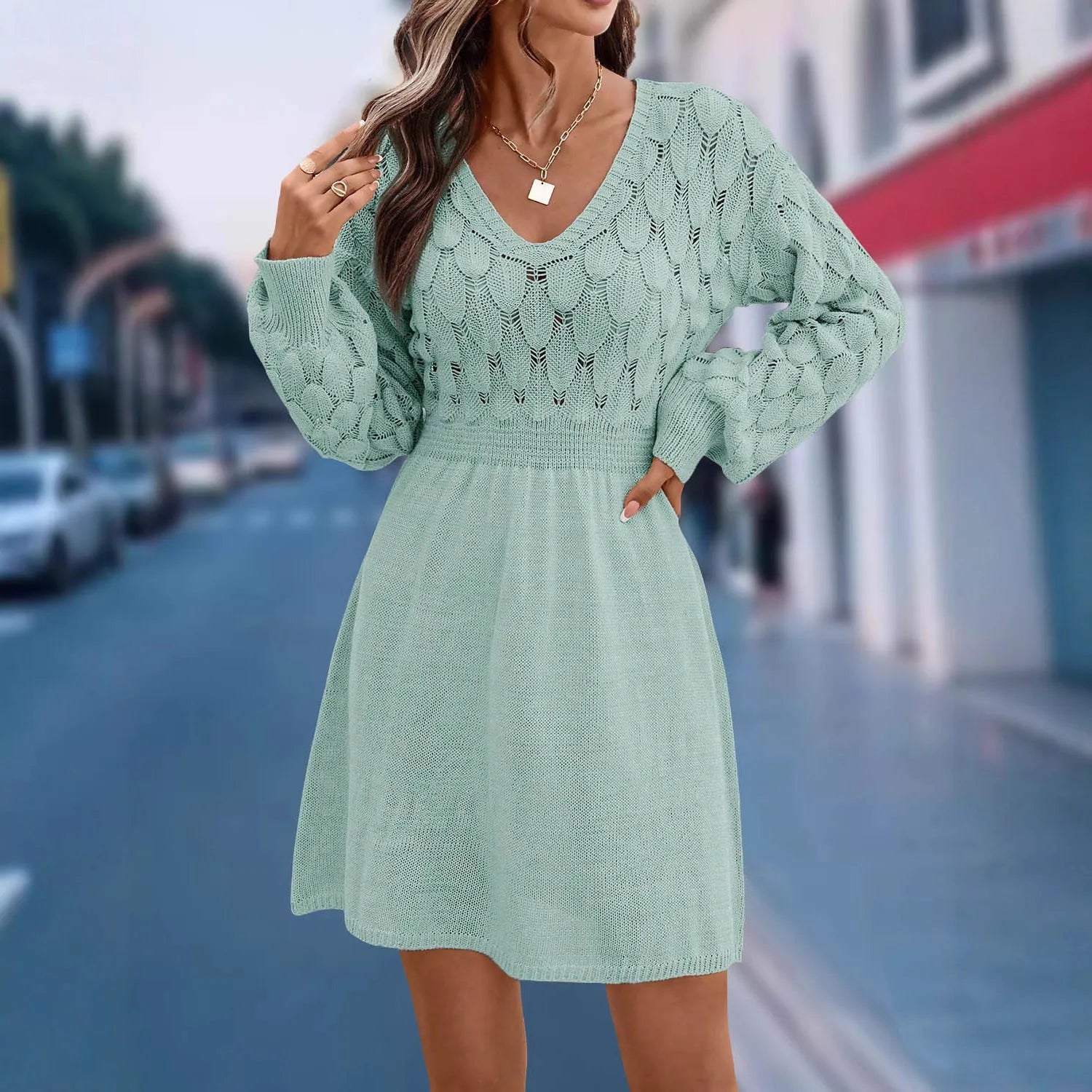 V-neck ethnic style beach dress with artistic retro design featuring 3D pattern and high waist construction