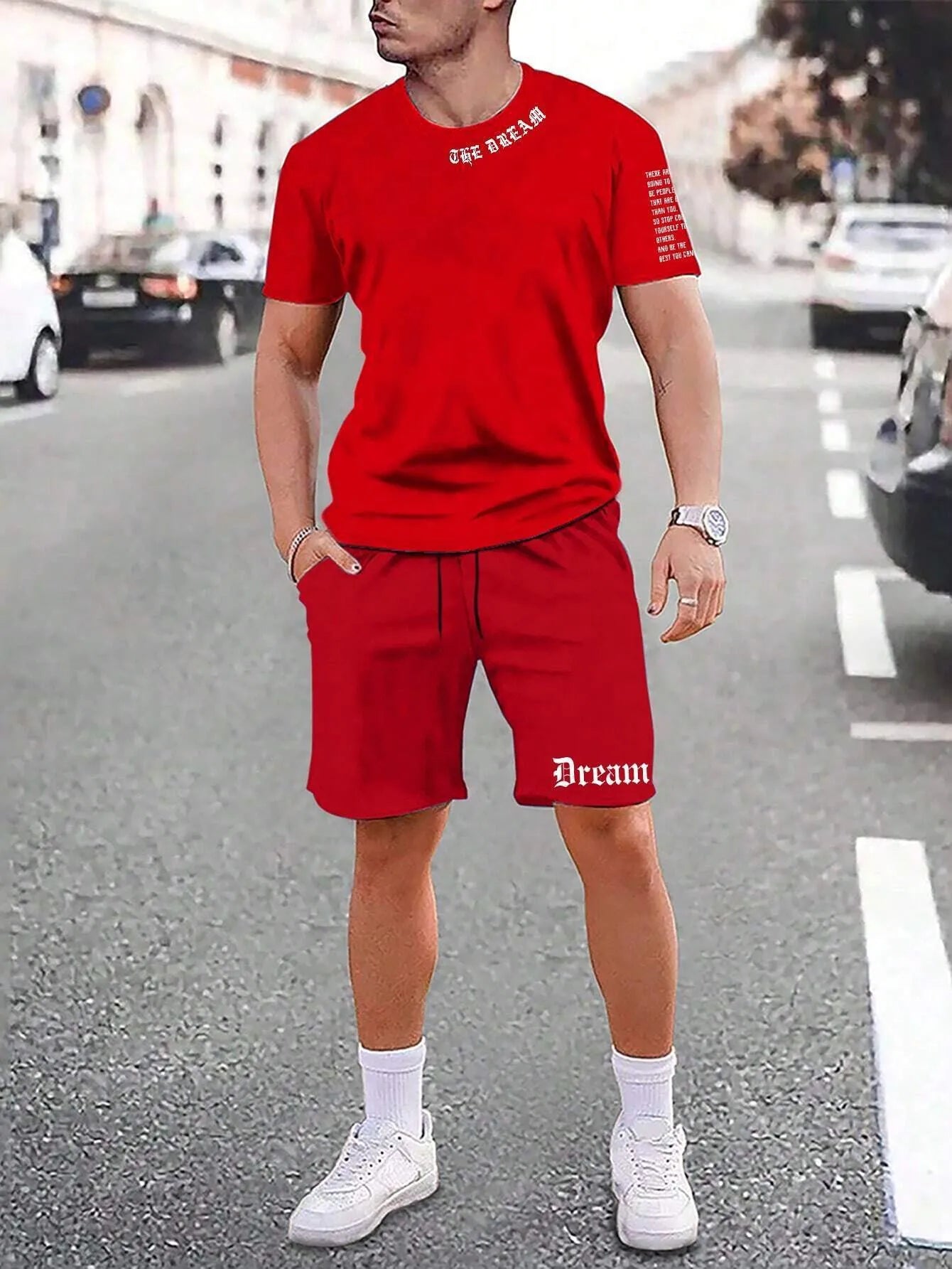Men's blue short sleeve shirt and matching shorts casual sports outfit