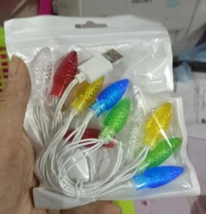Green USB charging cable with 10 small LED lights illuminated along its length for festive decoration.