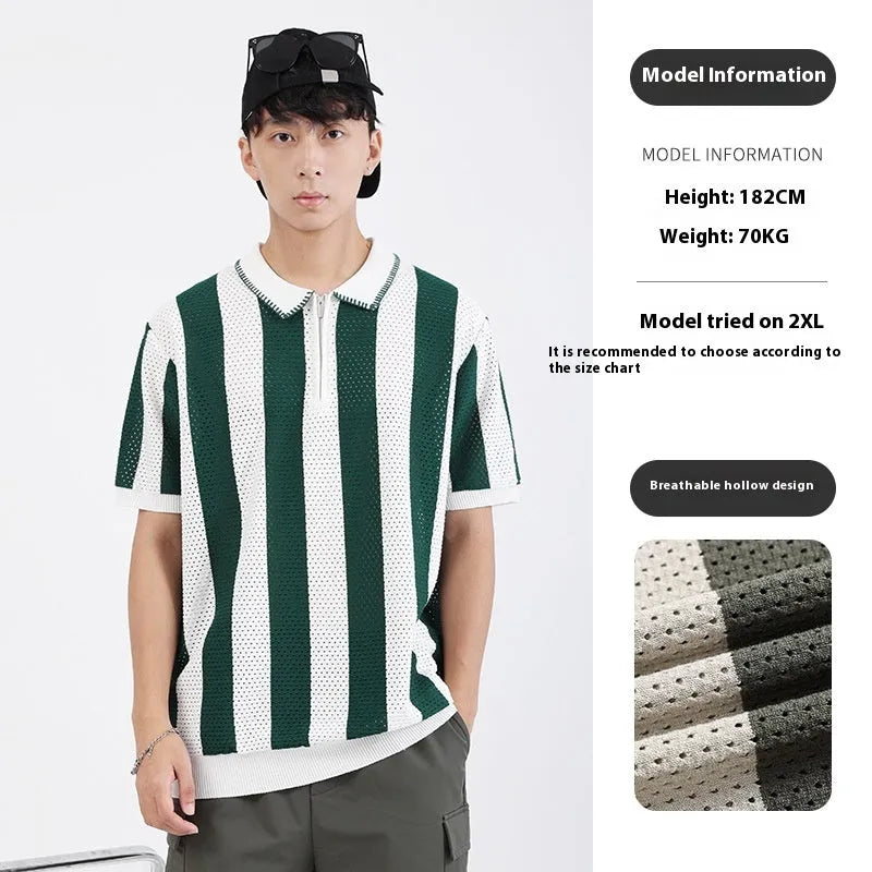 Men's striped short sleeve ice silk viscose sweater with zipper decoration