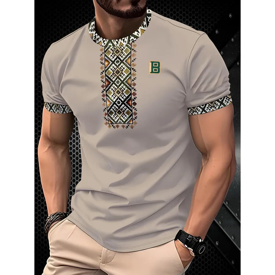 Men's loose fit casual T-shirt with digital 3D printed stripe pattern, short sleeves, polyester fabric