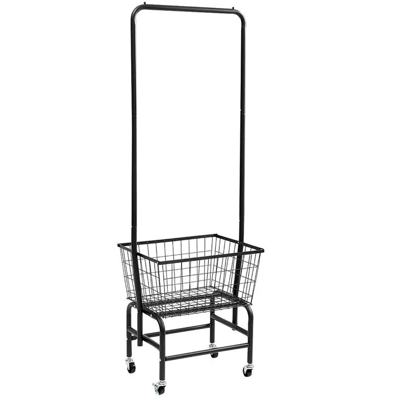 White iron single rod pulley clothes hanger rail mounted on a wall for tie and trouser storage.
