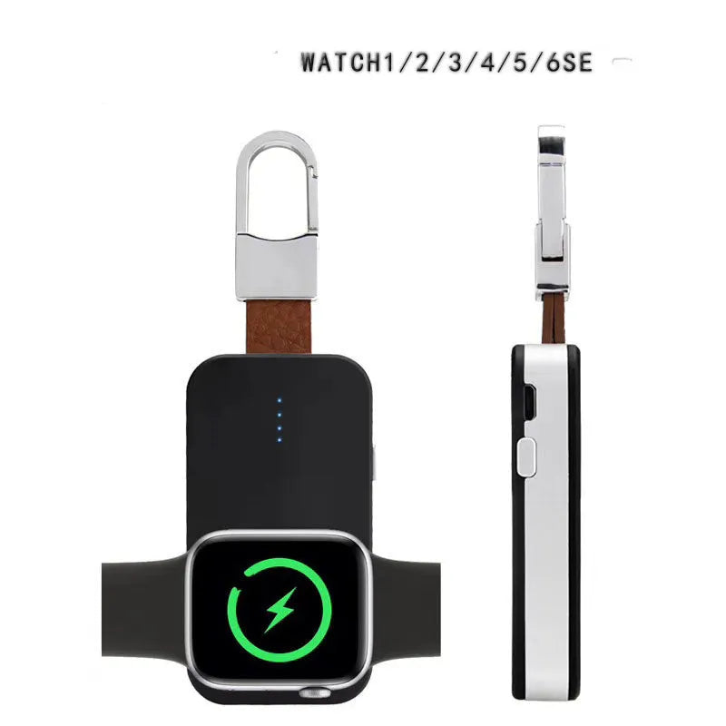 Black Apple Watch keychain power bank showing wireless charging surface and compact size