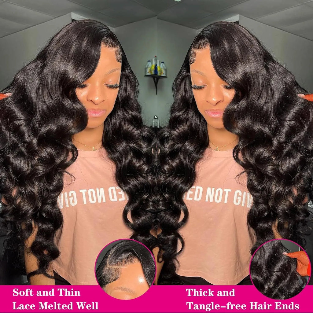 Black medium-long curly synthetic full-head wig on display showing natural wave pattern