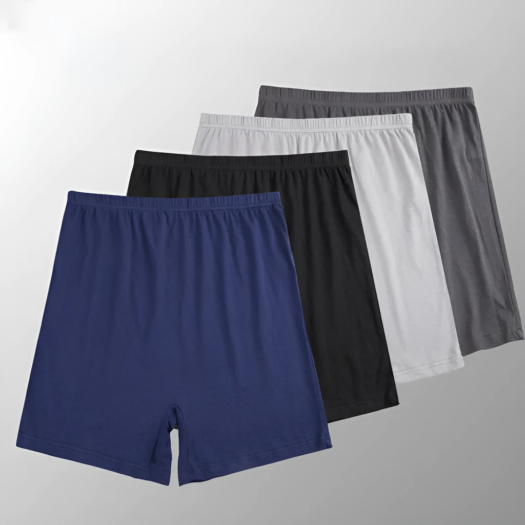 Men's solid colour modal boxer shorts with high waistband, shown in black, blue, gray, and brown.
