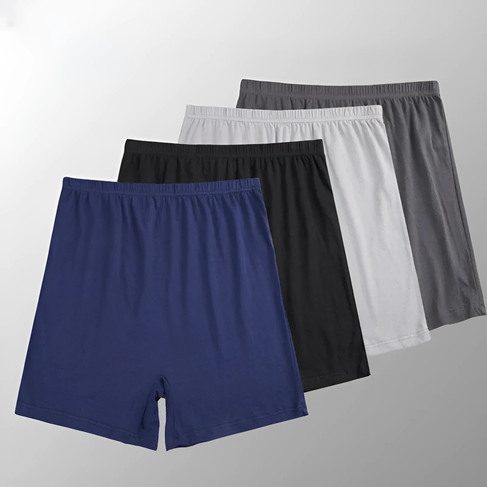 Men's solid colour modal boxer shorts with high waistband, shown in black, blue, gray, and brown.