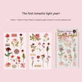 Huazhisen Series art sticker label pack showing six floral and forest-themed colour options on 85mm by 180mm sheets.