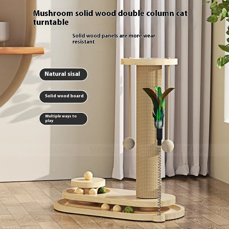 Solid wood cat turntable scratching post with climbing frame in natural timber construction