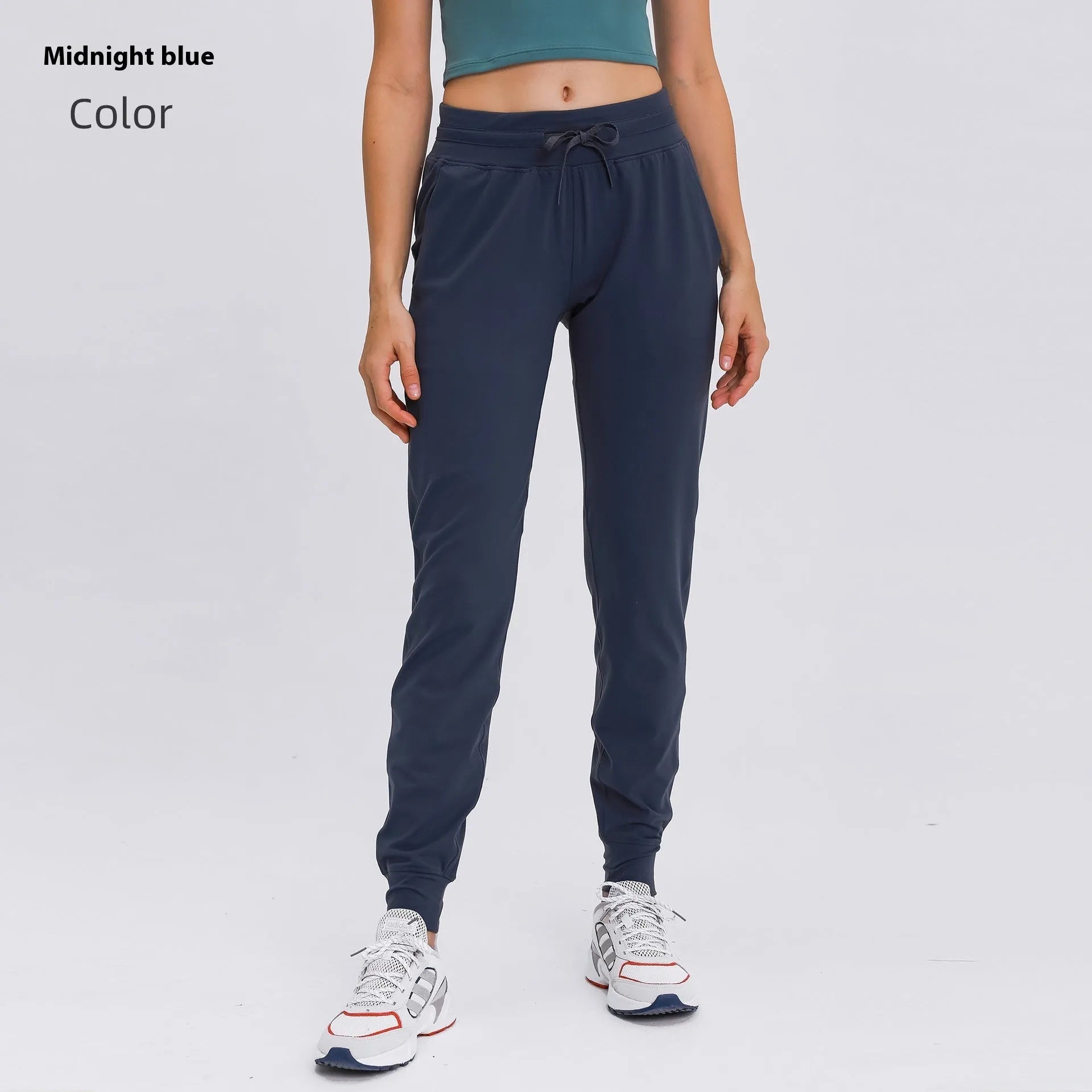 Women's high waist yoga pants in cotton blend fabric with drawstring waist in Belgian Blue colour