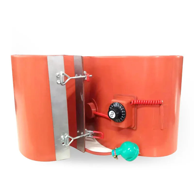 Silicone rubber heating belt wrapped around 200-litre oil drum with digital display control
