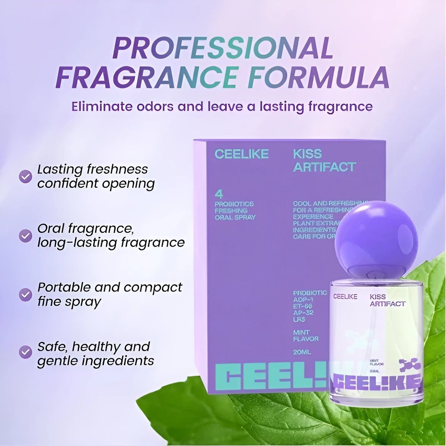 A portable 20ml bottle of probiotics oral care spray with a white pump spray head.