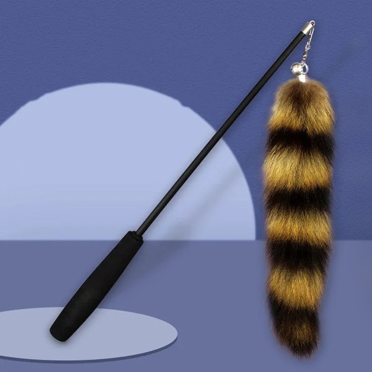 Black cat toy wand with 42cm handle, elastic string, and feather attachment for interactive play