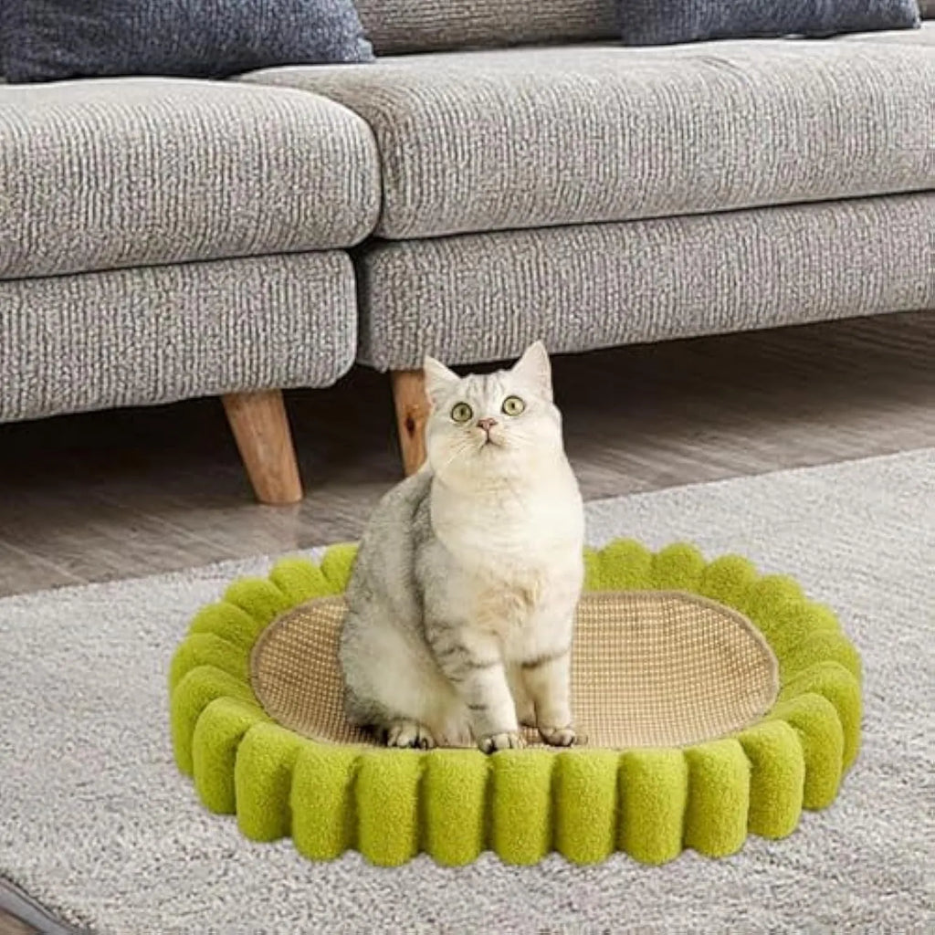 Green oval sisal cat scratching pad and bed measuring 650mm long