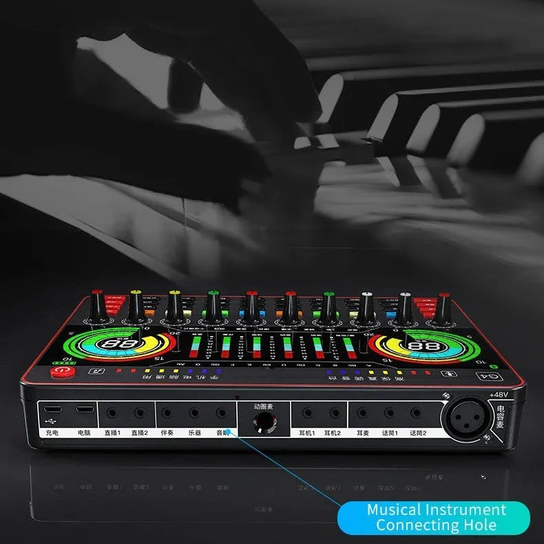 G4 professional sound card mixer with colourful LCD display, connected microphone, and included cables and remote control.