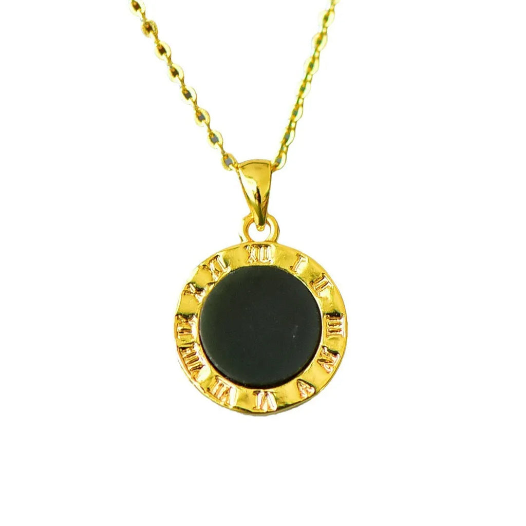Flat minimalist pendant necklace made of ink blue Hetian grey jade with decorative copper inlay detail.